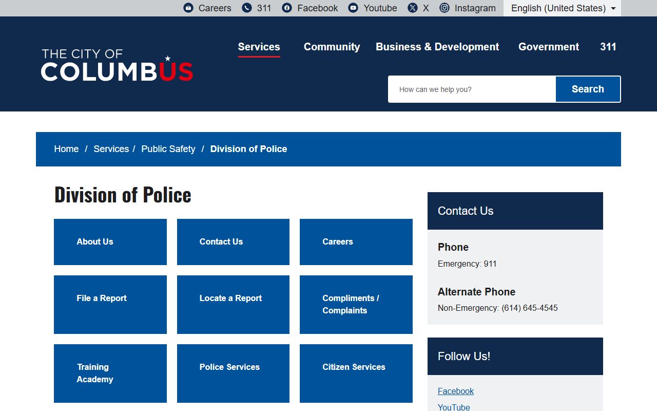 Columbus Division of Police website for Columbus police blotter records