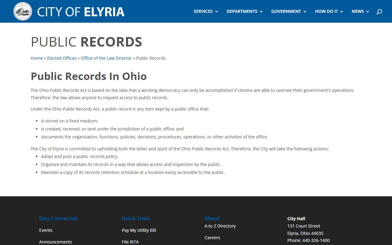 Elyria city public records page for Elyria police blotter requests