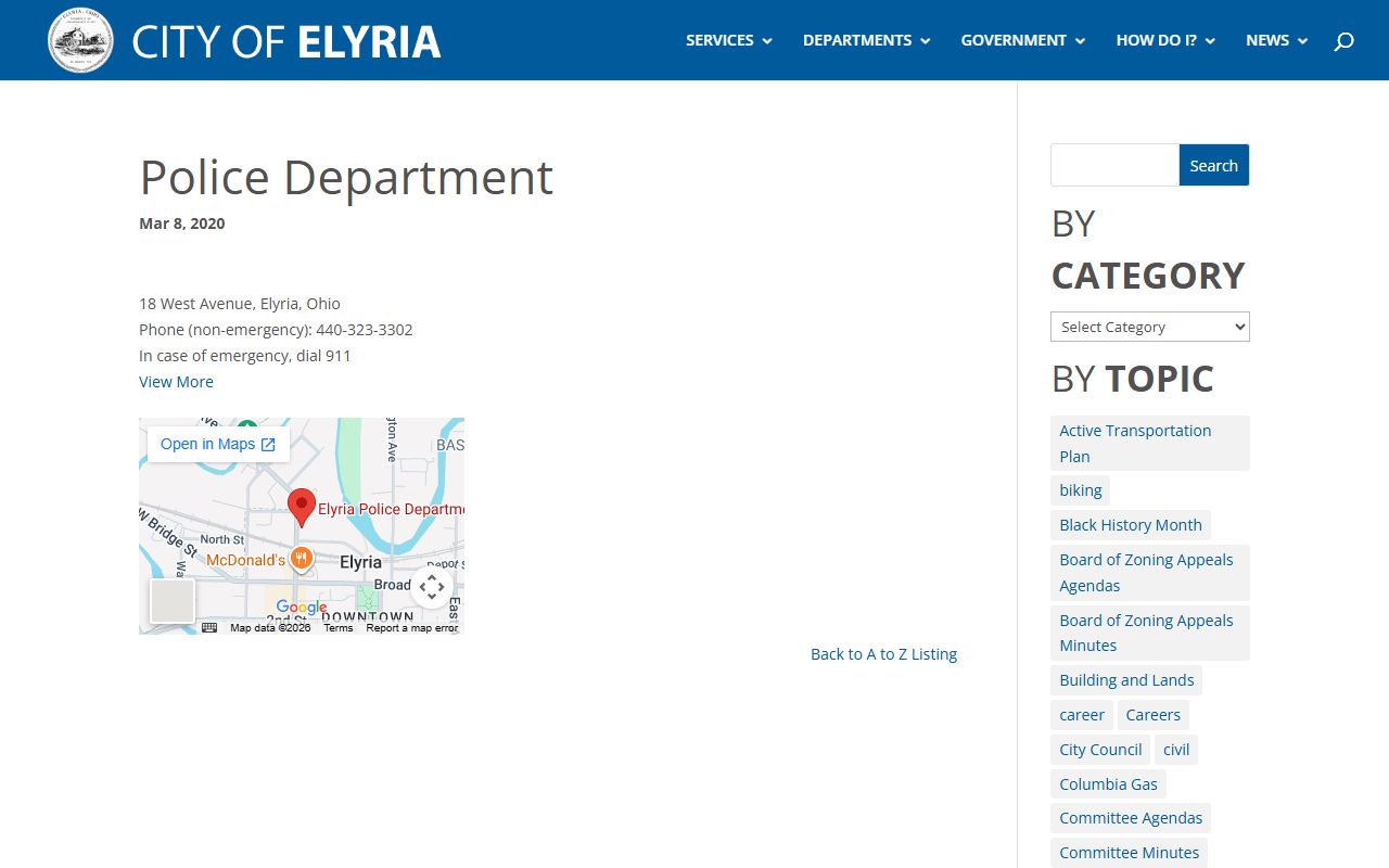 Elyria Police Department website for Elyria police blotter records
