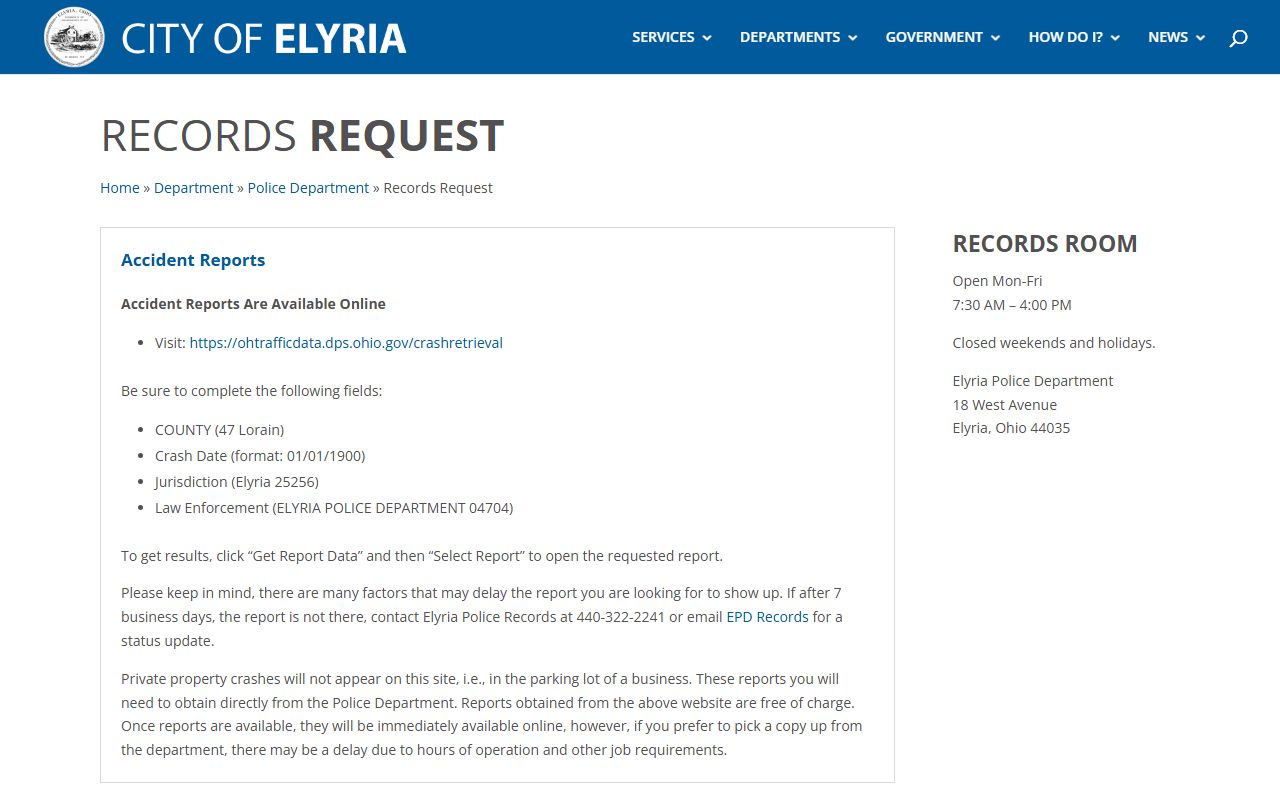 Elyria Police records page for requesting Elyria arrest records