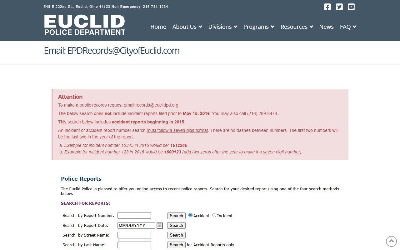 Euclid Police online records search for police blotter data