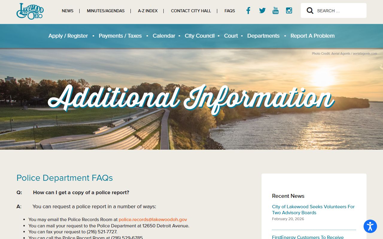 Lakewood Police FAQs page for Lakewood arrest records requests