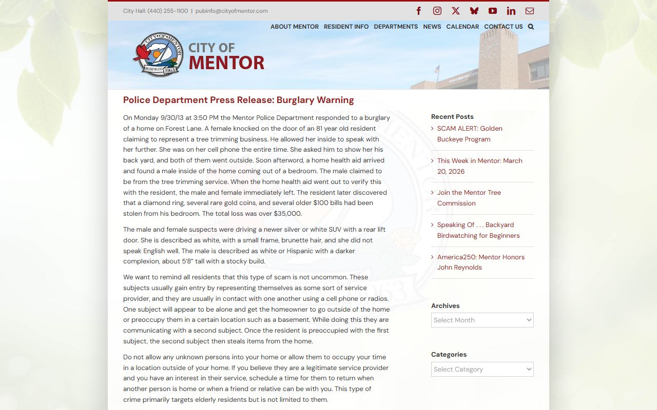 Mentor Police Department website for Mentor police blotter records