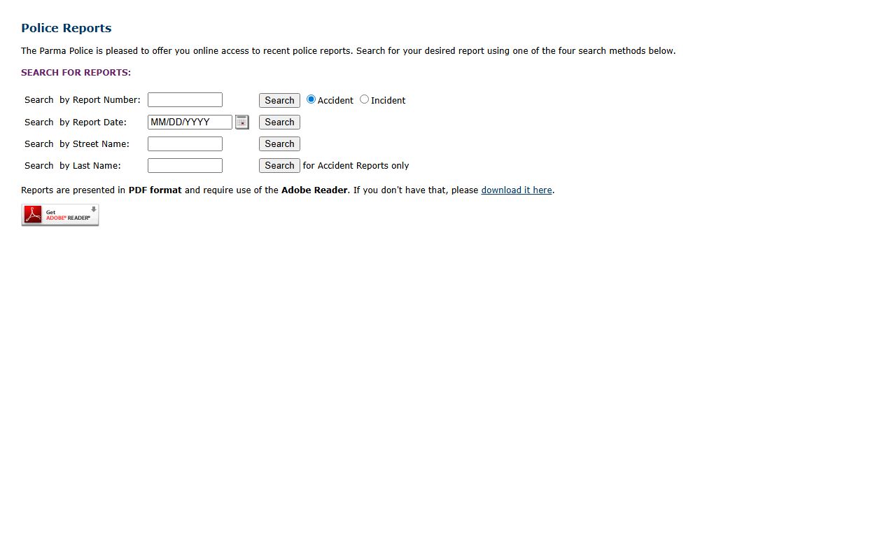 Parma online reports portal for Parma arrest records lookup