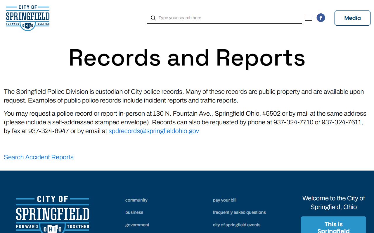 Springfield Police records page for Springfield police blotter requests