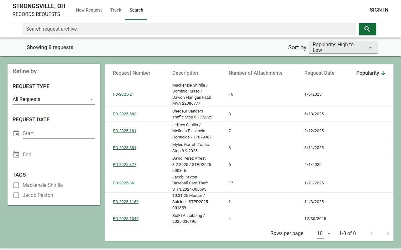 Strongsville JustFOIA portal for police blotter records requests
