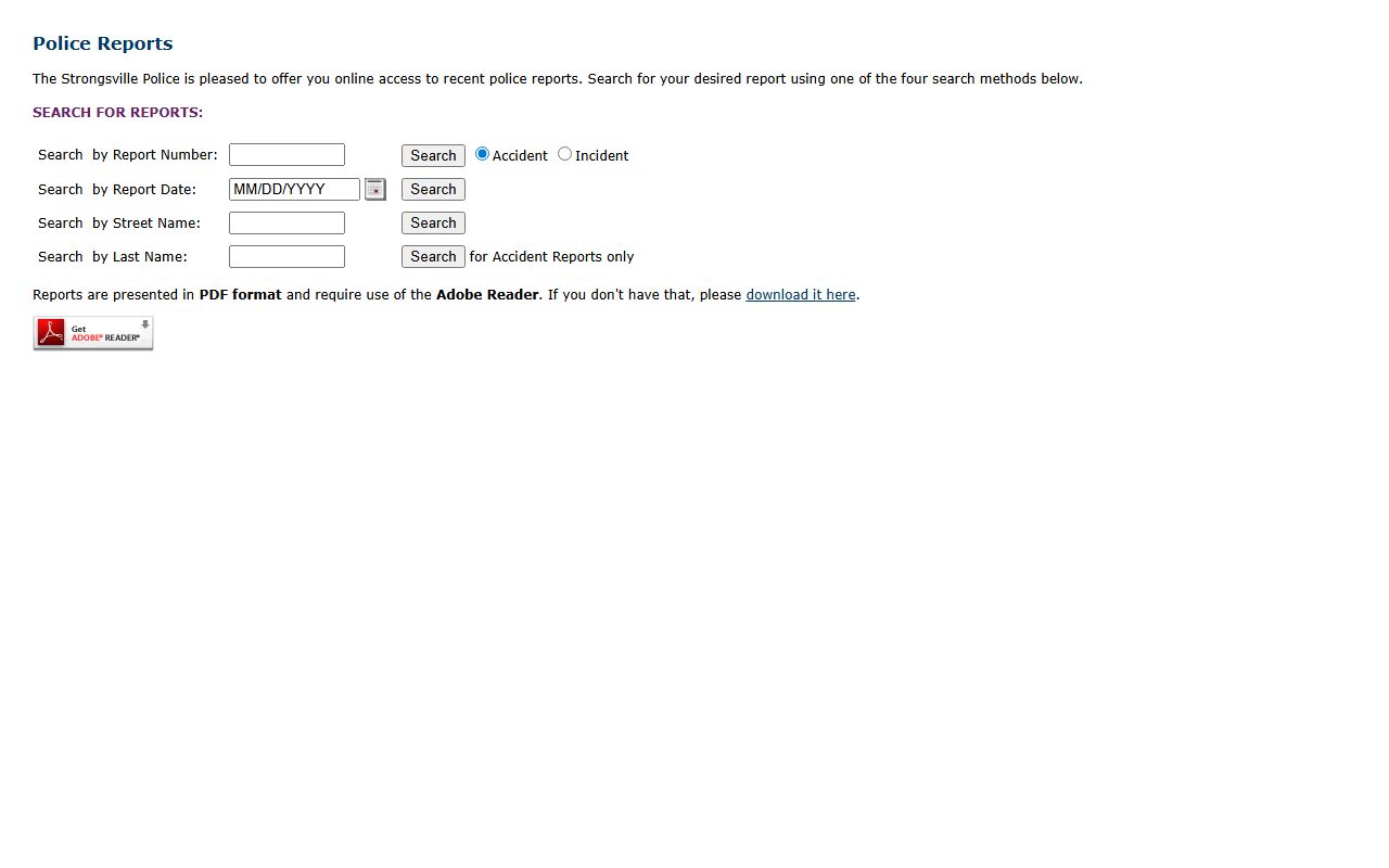 Strongsville online reports portal for police blotter data