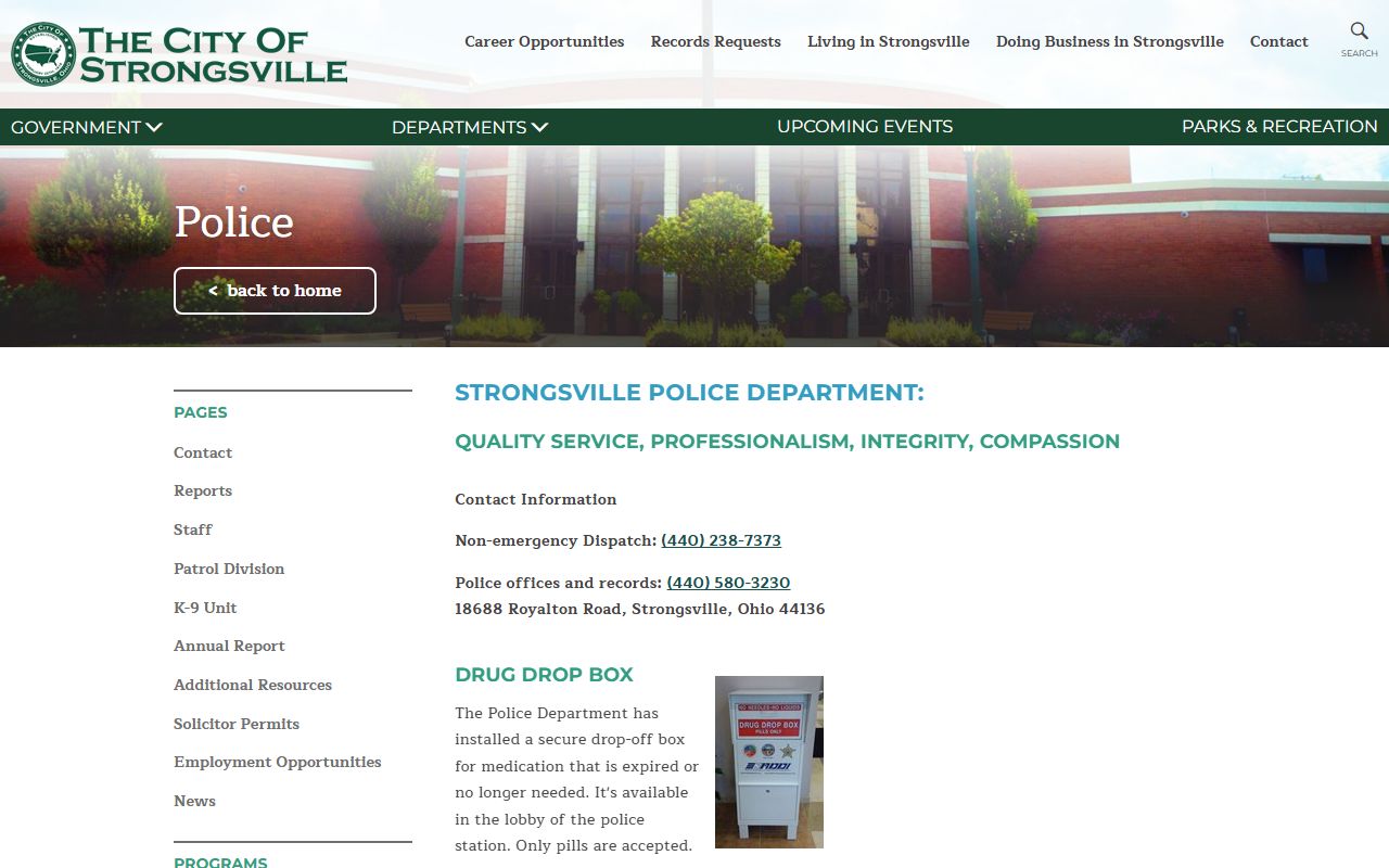 Strongsville Police Department website for Strongsville police blotter records