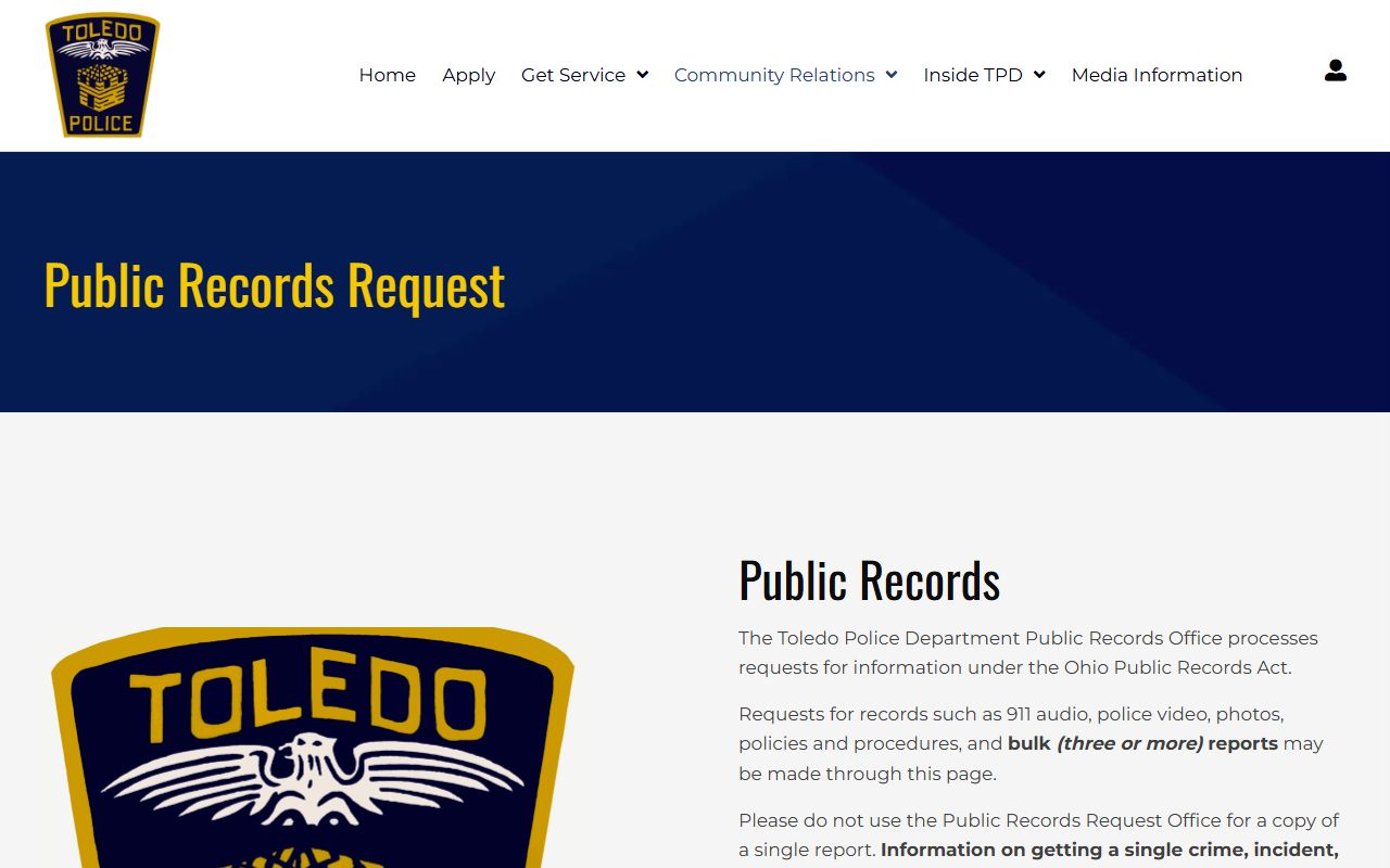 Toledo Police records request page for Toledo arrest records