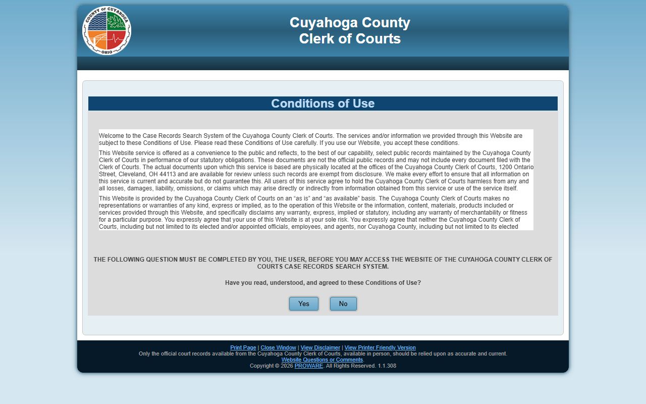 Cuyahoga County Clerk of Courts online docket for police blotter court records