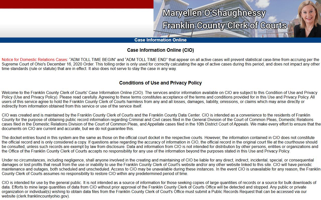 Franklin County Case Information Online portal for police blotter records search