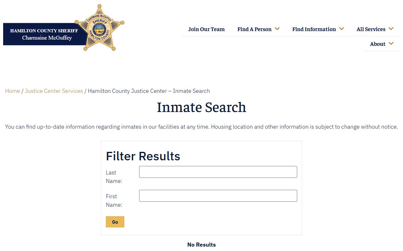 Hamilton County inmate search page for police blotter booking records