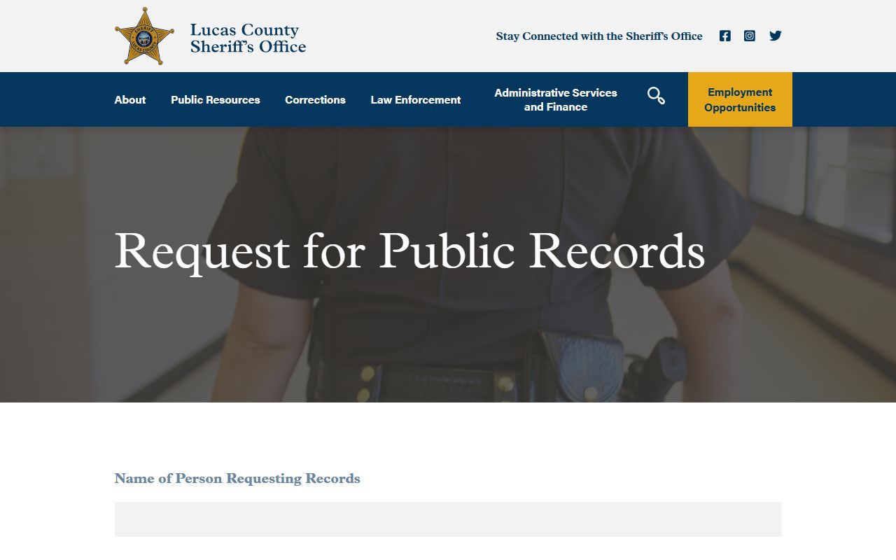 Lucas County Sheriff's Office records request page for police blotter data
