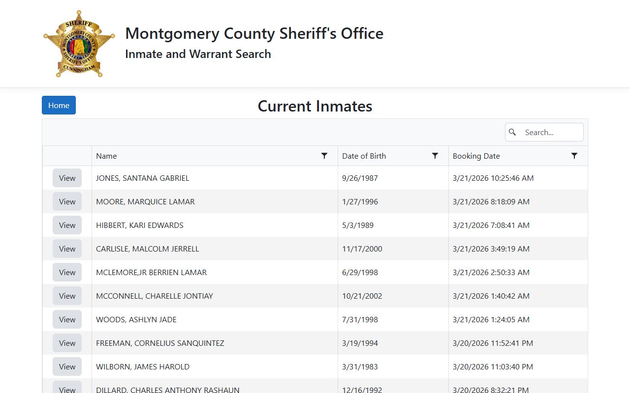 Montgomery County inmate search portal for police blotter booking records