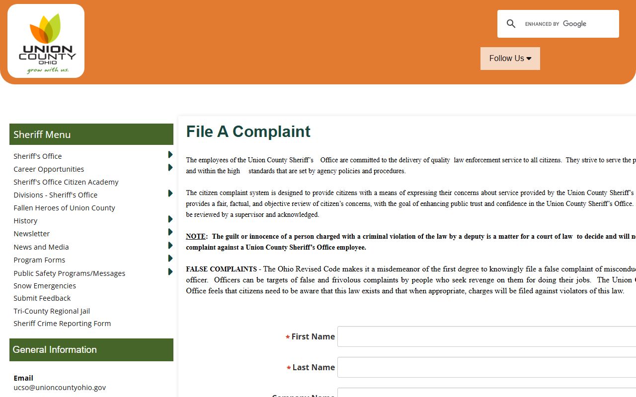 Union County Sheriff's Office page for Union County police blotter records